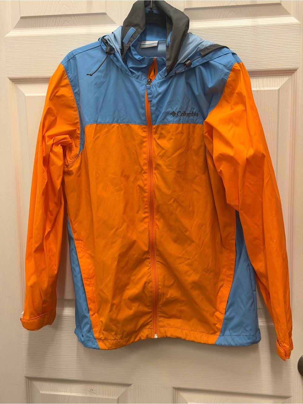 Columbia Orange and Light Blue Hooded Rain Jacket
